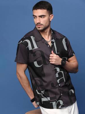 men's purple typography cuban collar relaxed fit shirt 1