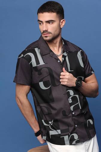 men's purple typography cuban collar relaxed fit shirt