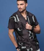 men's purple typography cuban collar relaxed fit shirt