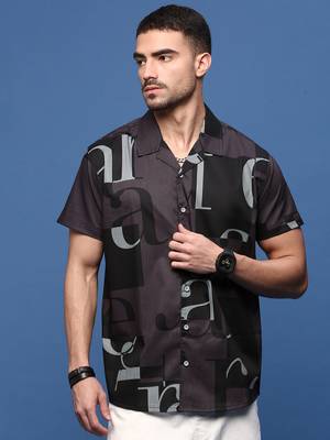 men's purple typography cuban collar relaxed fit shirt 2