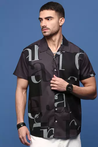 men's purple typography cuban collar relaxed fit shirt