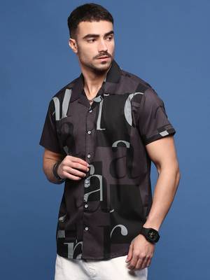 men's purple typography cuban collar relaxed fit shirt 3