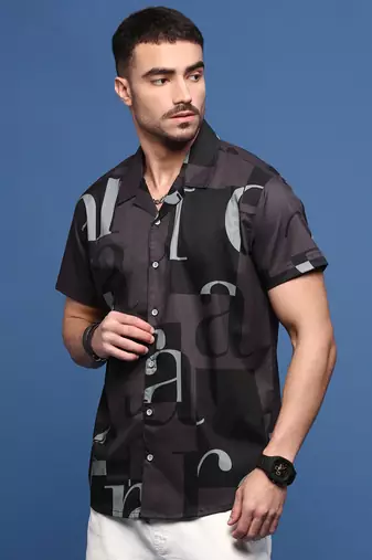 men's purple typography cuban collar relaxed fit shirt