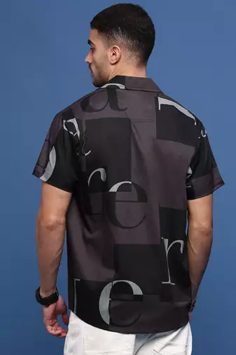 men's purple typography cuban collar relaxed fit shirt