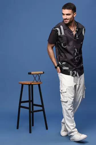 men's purple typography cuban collar relaxed fit shirt