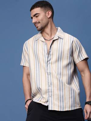 men's beige cuban collar relaxed fit striped shirt 1