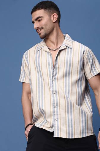 men's beige cuban collar relaxed fit striped shirt