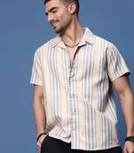 men's beige cuban collar relaxed fit striped shirt