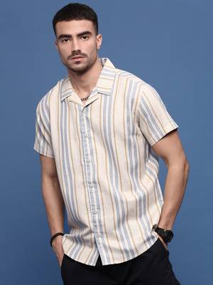 men's beige cuban collar relaxed fit striped shirt 2
