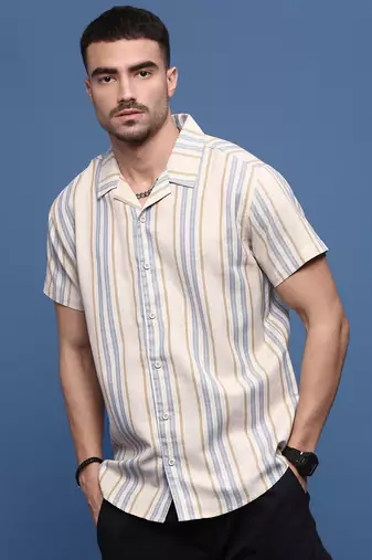 men's beige cuban collar relaxed fit striped shirt