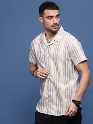 men's beige cuban collar relaxed fit striped shirt 3