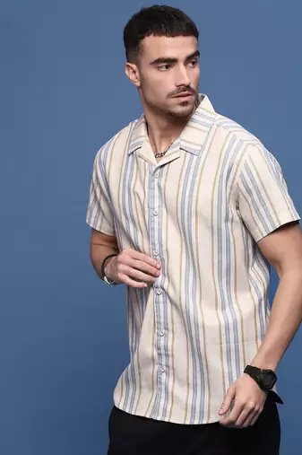 men's beige cuban collar relaxed fit striped shirt