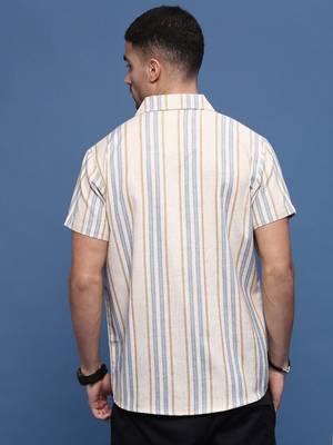 men's beige cuban collar relaxed fit striped shirt 4