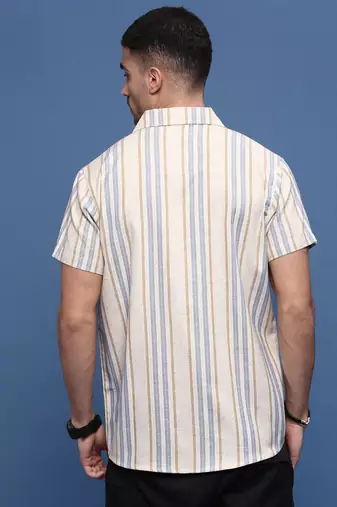 men's beige cuban collar relaxed fit striped shirt