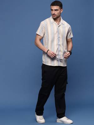 men's beige cuban collar relaxed fit striped shirt 5
