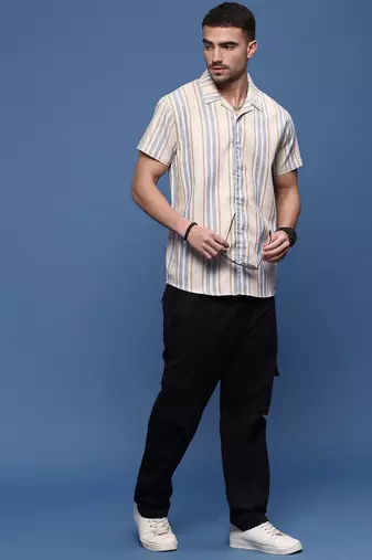 men's beige cuban collar relaxed fit striped shirt