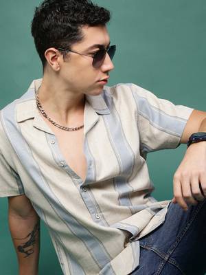 men's cream cuban collar relaxed fit striped shirt 1