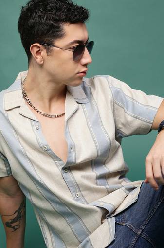 men's cream cuban collar relaxed fit striped shirt