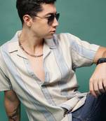 men's cream cuban collar relaxed fit striped shirt