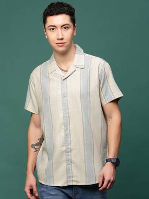 men's cream cuban collar relaxed fit striped shirt 2