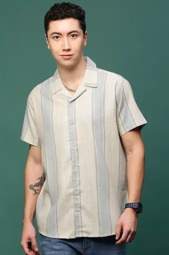 men's cream cuban collar relaxed fit striped shirt