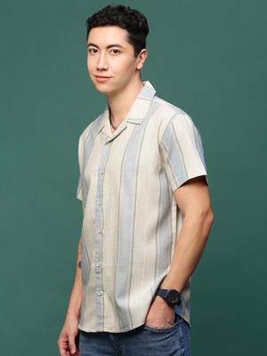 men's cream cuban collar relaxed fit striped shirt 3