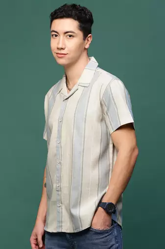 men's cream cuban collar relaxed fit striped shirt