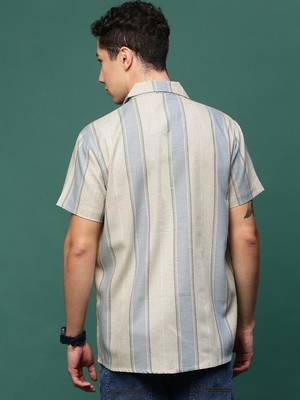 men's cream cuban collar relaxed fit striped shirt 4
