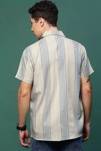 men's cream cuban collar relaxed fit striped shirt