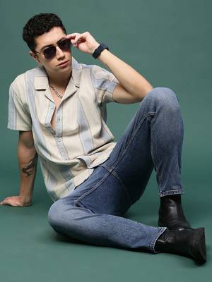 men's cream cuban collar relaxed fit striped shirt 5