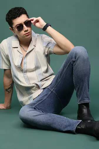 men's cream cuban collar relaxed fit striped shirt
