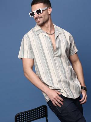 men's grey cuban collar relaxed fit striped shirt 1