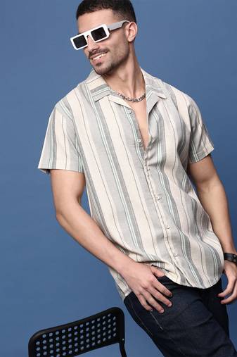 men's grey cuban collar relaxed fit striped shirt