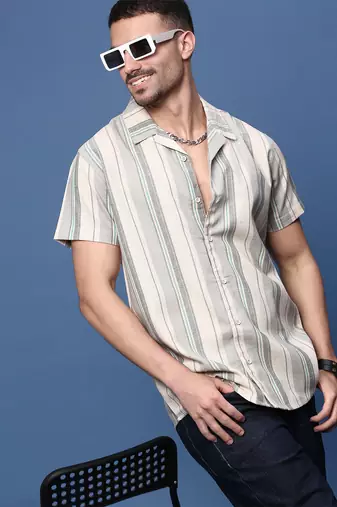men's grey cuban collar relaxed fit striped shirt