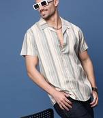 men's grey cuban collar relaxed fit striped shirt