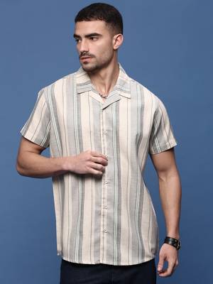 men's grey cuban collar relaxed fit striped shirt 2