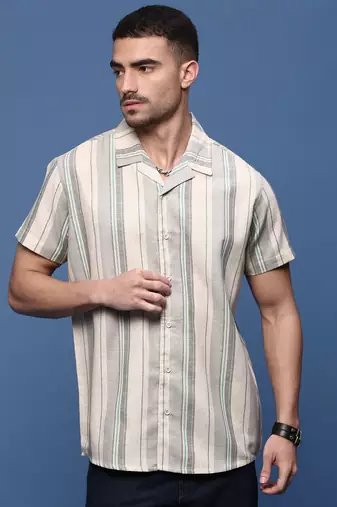 men's grey cuban collar relaxed fit striped shirt