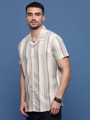 men's grey cuban collar relaxed fit striped shirt 3