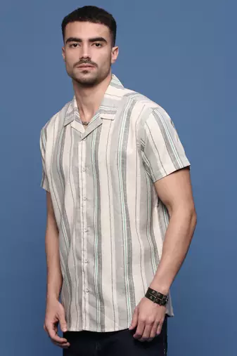 men's grey cuban collar relaxed fit striped shirt