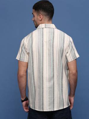 men's grey cuban collar relaxed fit striped shirt 4