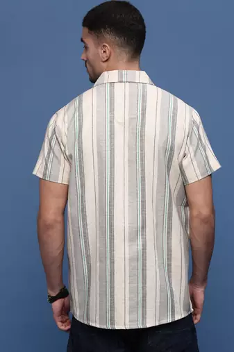 men's grey cuban collar relaxed fit striped shirt