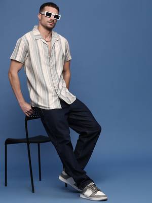 men's grey cuban collar relaxed fit striped shirt 5