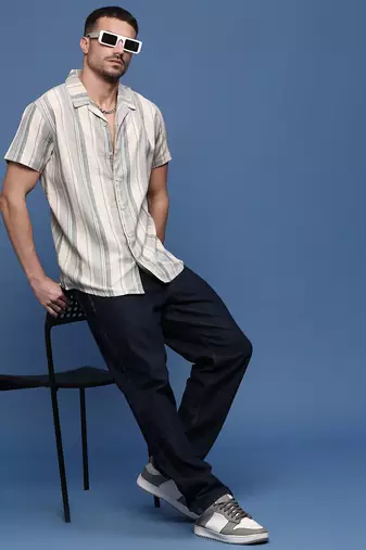 men's grey cuban collar relaxed fit striped shirt