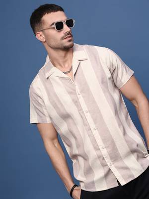 men's lavender cuban collar relaxed fit striped shirt 1