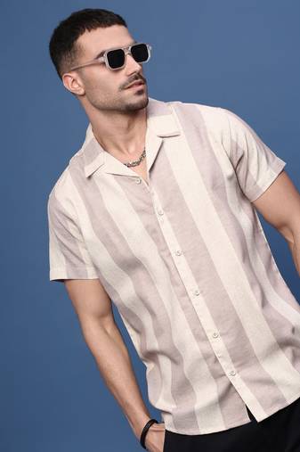 men's lavender cuban collar relaxed fit striped shirt