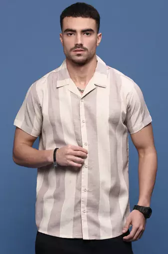 men's lavender cuban collar relaxed fit striped shirt