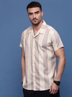 men's lavender cuban collar relaxed fit striped shirt 3