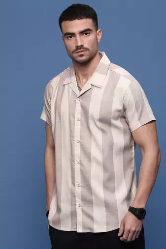 men's lavender cuban collar relaxed fit striped shirt