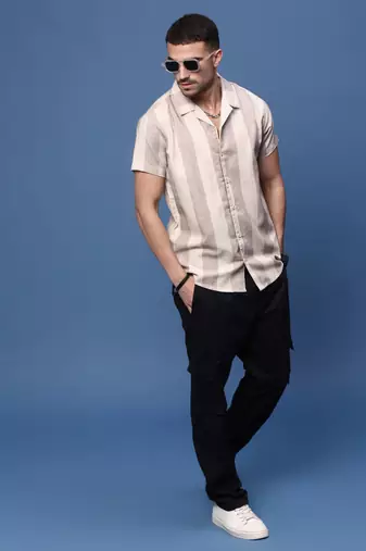 men's lavender cuban collar relaxed fit striped shirt