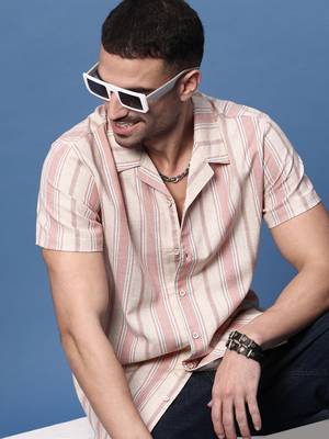 men's peach cuban collar relaxed fit striped shirt 1